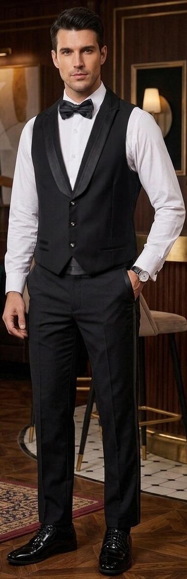 8-0010 Gilet da ballo in stile smoking slim 3 bottoni con 3 taschini e schiena in stoffa