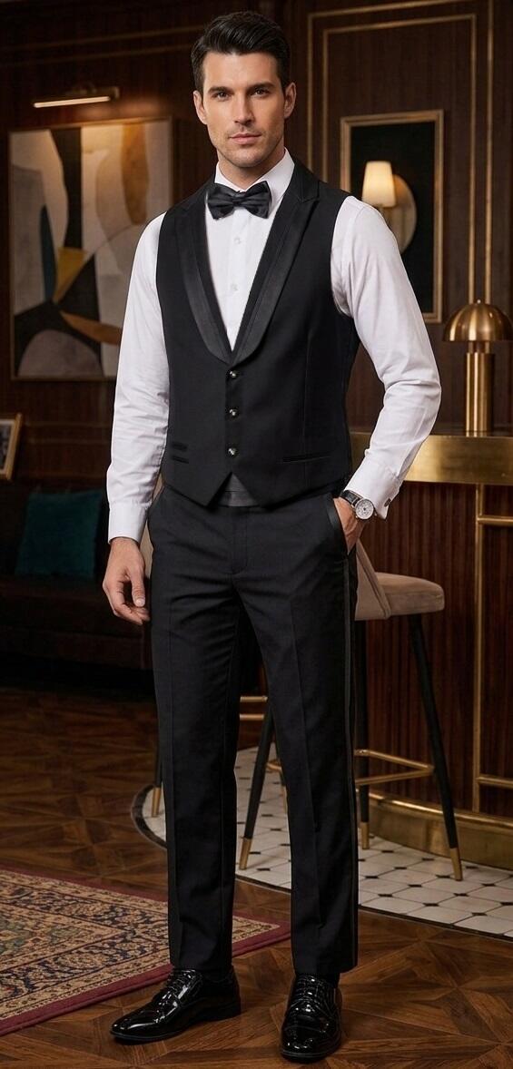 8-0010 Gilet da ballo in stile smoking slim 3 bottoni con 3 taschini e schiena in stoffa