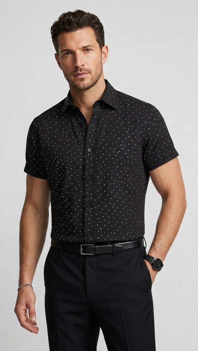 Men's shirt in viscose with small rhinestone-like light points 9-0011