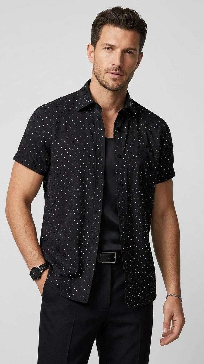 Men's shirt in viscose with small rhinestone-like light points 9-0011