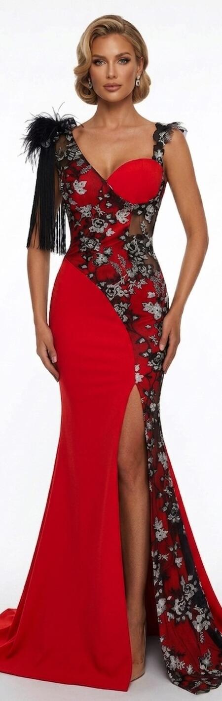 0700 LONG SIREN DRESS WITH SLIT IN ELASTIC CREPE FABRIC WITH SILVER MACRAME