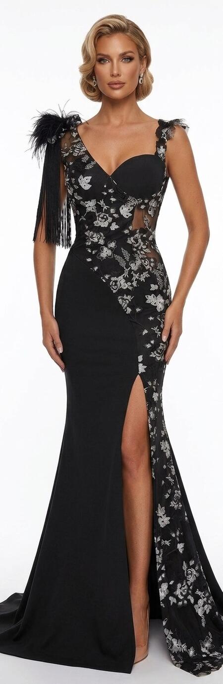 0701 ABITO LUNGO A SIRENA CON SPACCO IN TESSUTO CREPE ELASTICA CON MACRAME ARGENTATO 