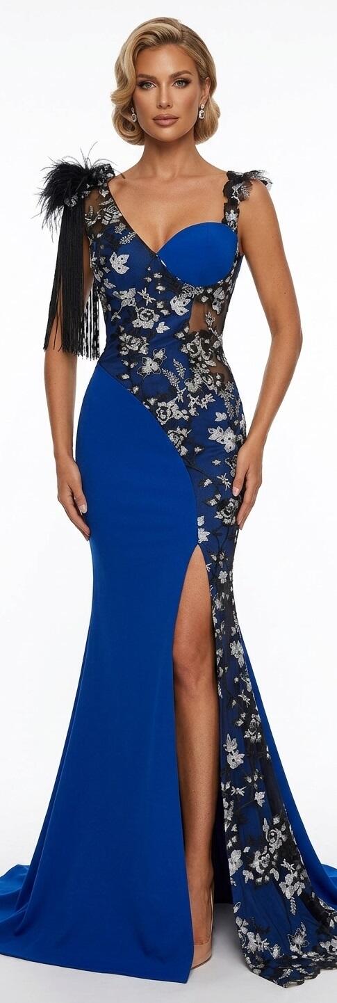 0702 LONG SIREN DRESS WITH SLIT IN ELASTIC CREPE FABRIC WITH SILVER MACRAME