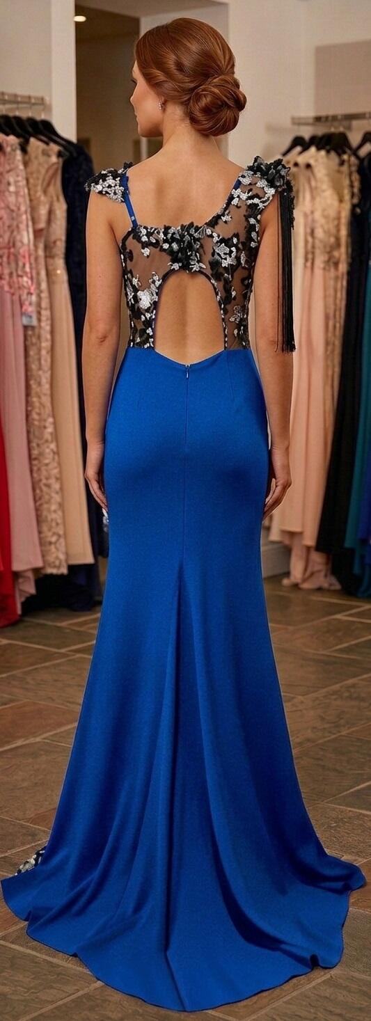 0702 LONG SIREN DRESS WITH SLIT IN ELASTIC CREPE FABRIC WITH SILVER MACRAME