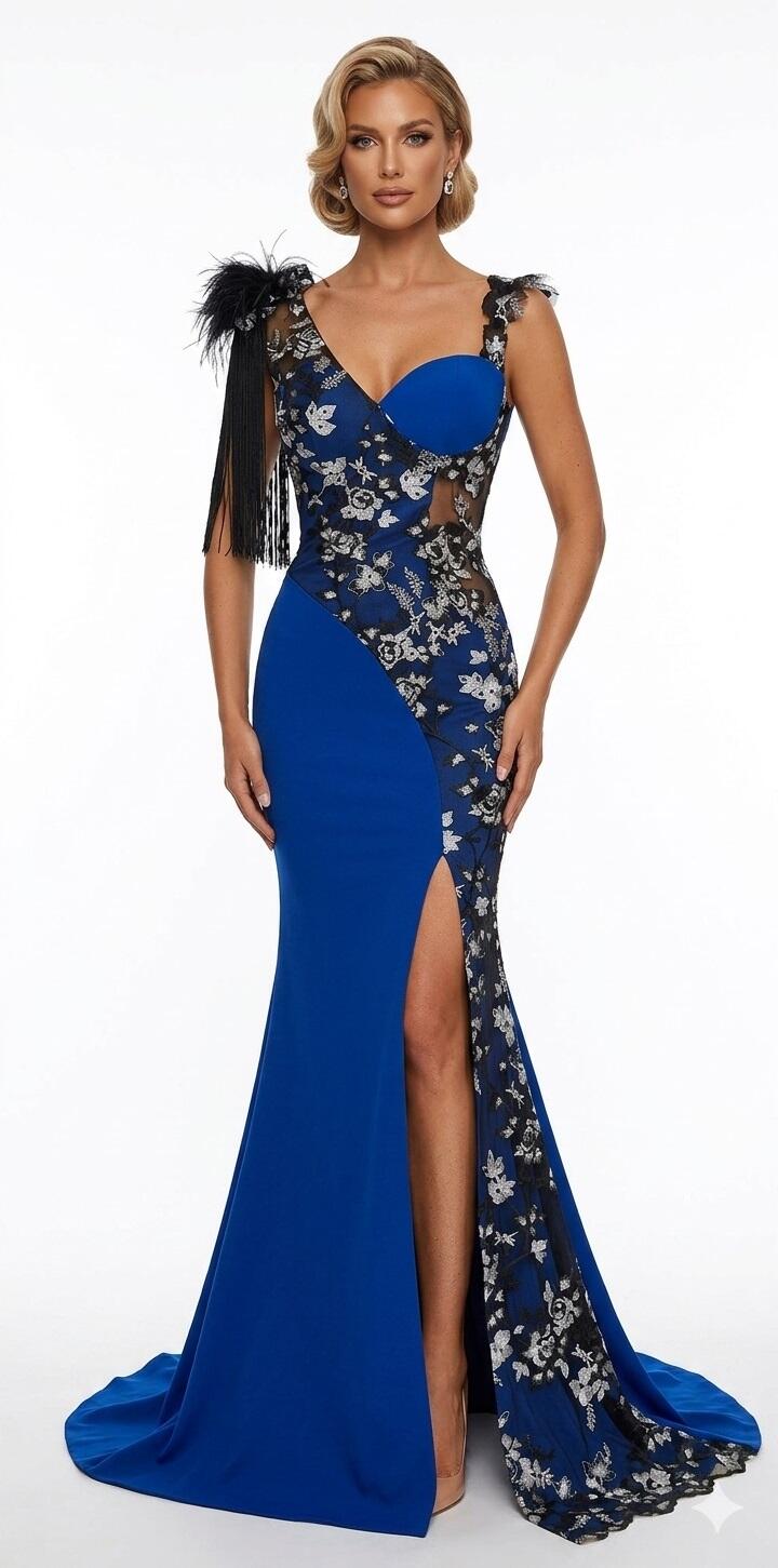 0702 LONG SIREN DRESS WITH SLIT IN ELASTIC CREPE FABRIC WITH SILVER MACRAME