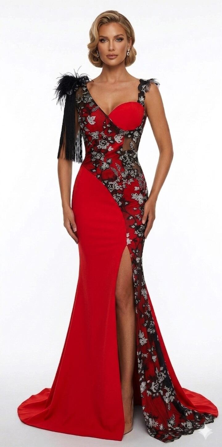 0700 LONG SIREN DRESS WITH SLIT IN ELASTIC CREPE FABRIC WITH SILVER MACRAME