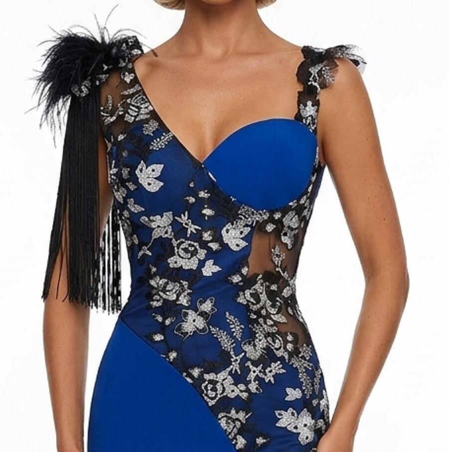 0702 LONG SIREN DRESS WITH SLIT IN ELASTIC CREPE FABRIC WITH SILVER MACRAME