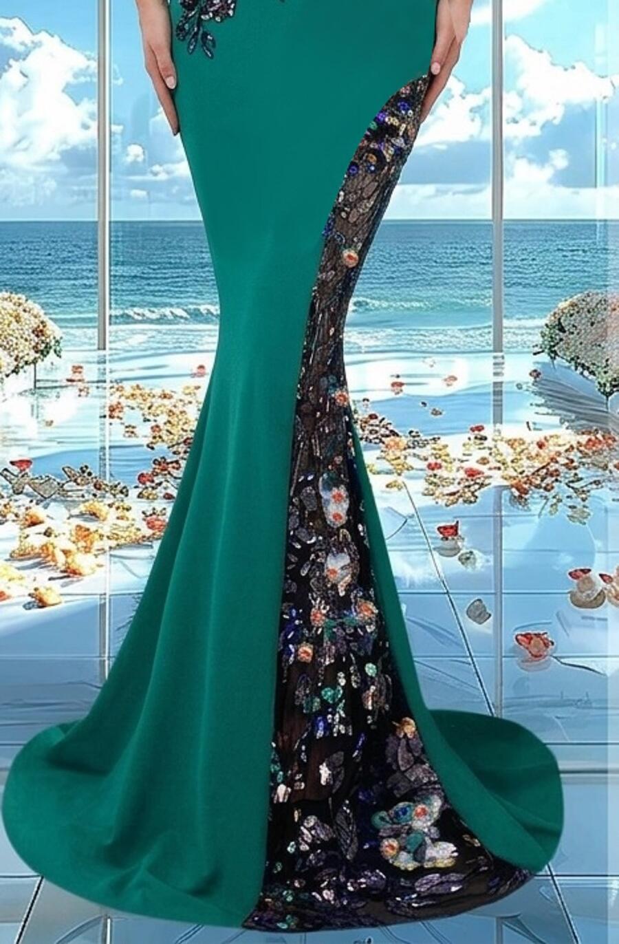 0948 Long mermaid dress in crepe fabric with tulle and multicoloured sequins