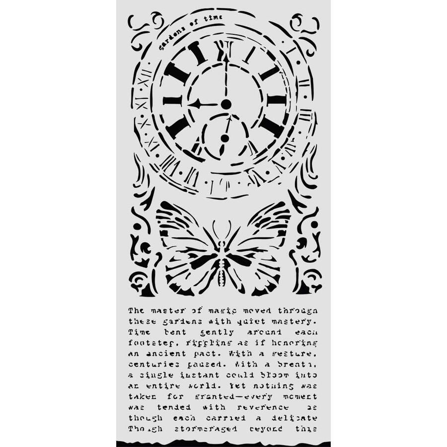 Stencil spesso 12 x 25 cm Gardens of Time orologio e farfalla