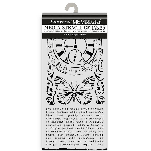 Stencil spesso 12 x 25 cm Gardens of Time orologio e farfalla