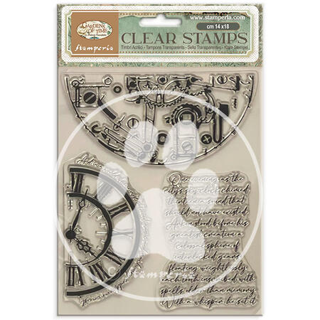 Timbro acrilico cm 14 x 18 Gardens of Time mezzi orologi e scritte