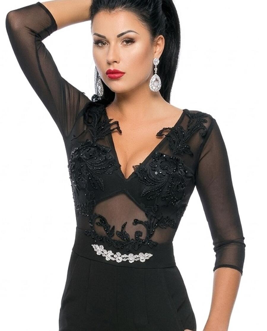 0099 TUTA IN CREPE CON CORPO IN TULLE E PIETRE NERE