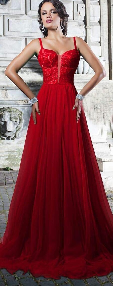 0253 ABITO LUNGO A IMPERO IN TULLE E MICRO-PAILLETTES FODERATO IN RASO ROSSO