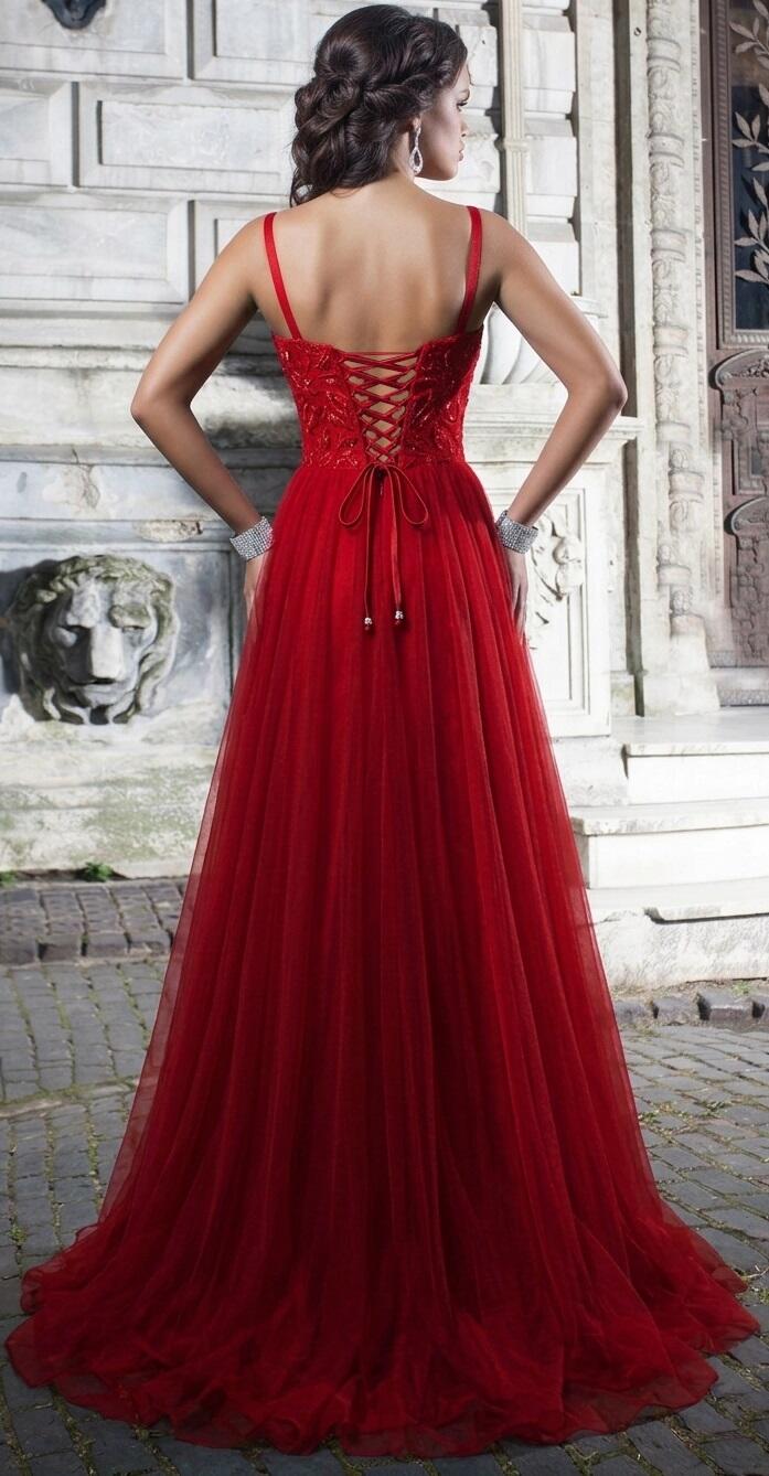 0253 ABITO LUNGO A IMPERO IN TULLE E MICRO-PAILLETTES FODERATO IN RASO ROSSO
