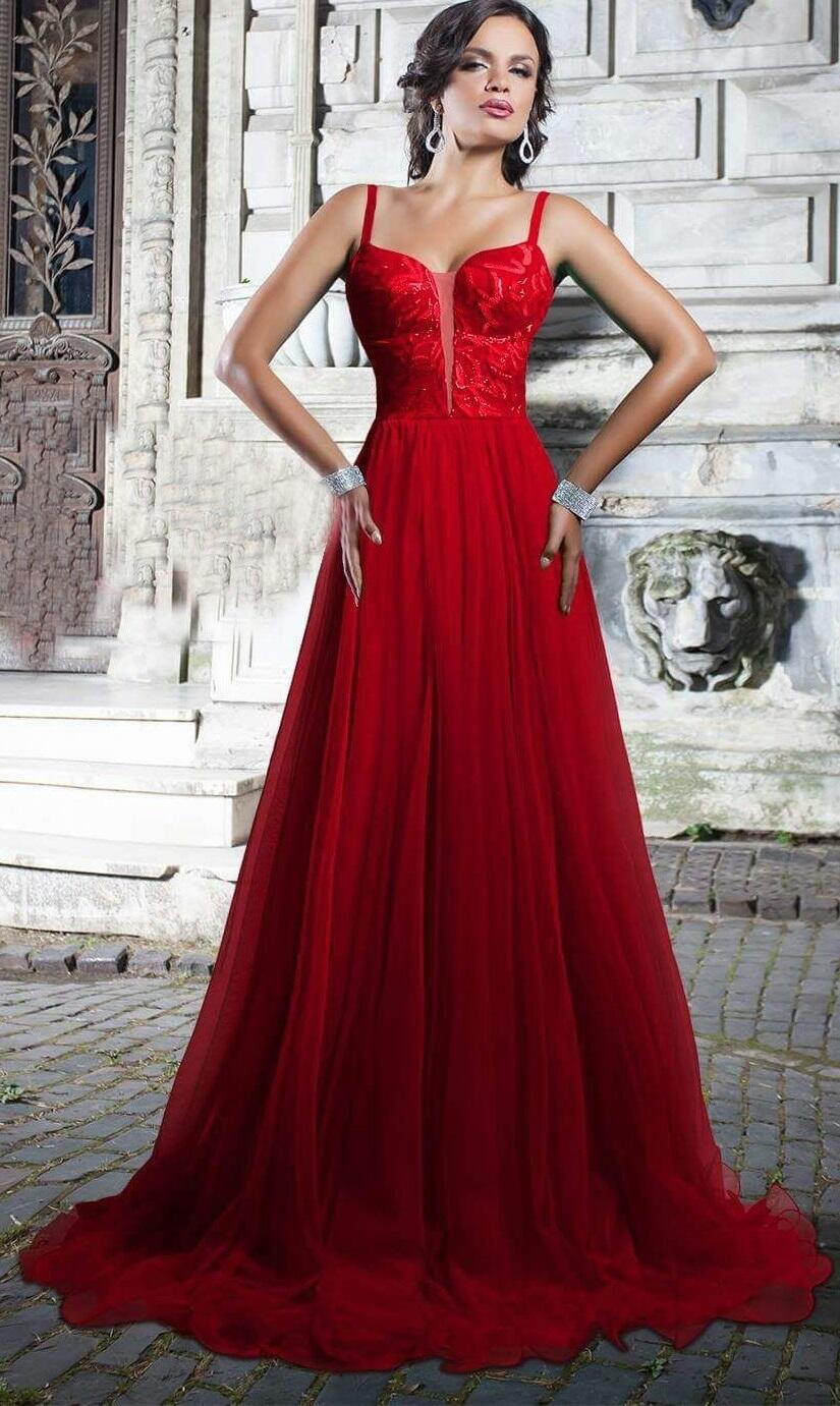 0253 ABITO LUNGO A IMPERO IN TULLE E MICRO-PAILLETTES FODERATO IN RASO ROSSO