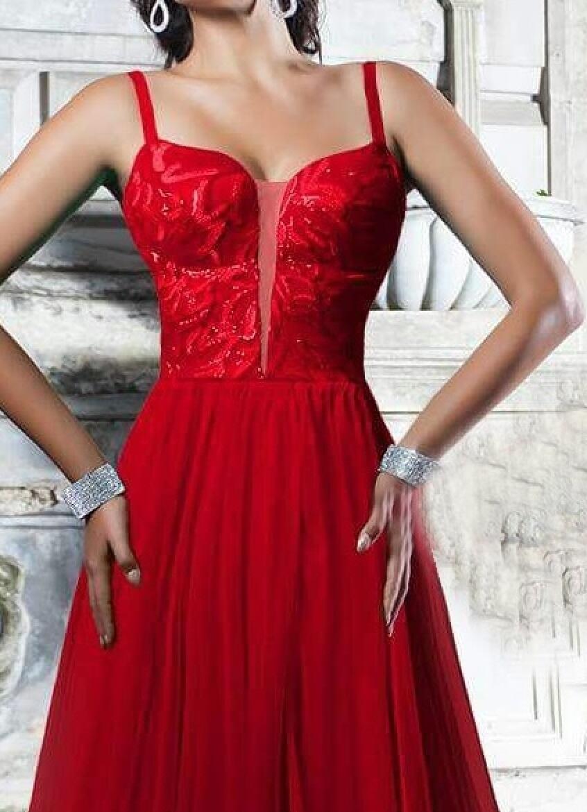 0253 ABITO LUNGO A IMPERO IN TULLE E MICRO-PAILLETTES FODERATO IN RASO ROSSO