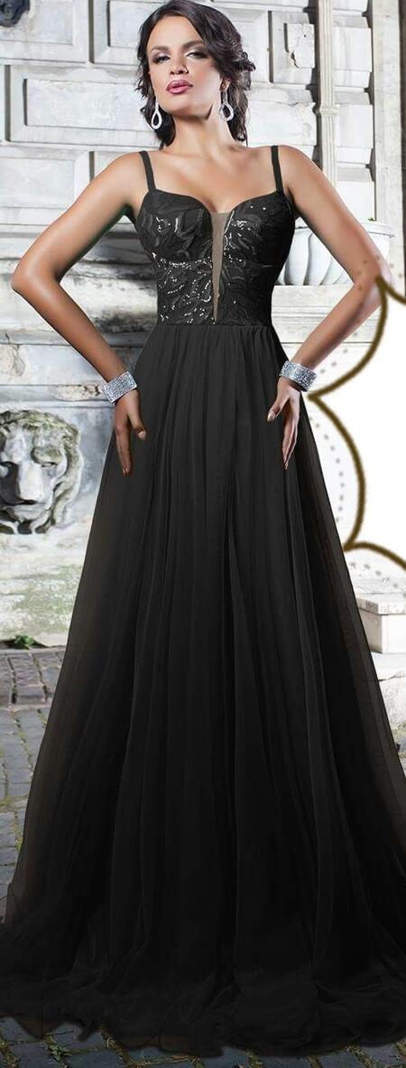 0252 ABITO LUNGO A IMPERO IN TULLE E CORPETTO IN MICRO-PAILLETTES FODERATO IN RASO NERO