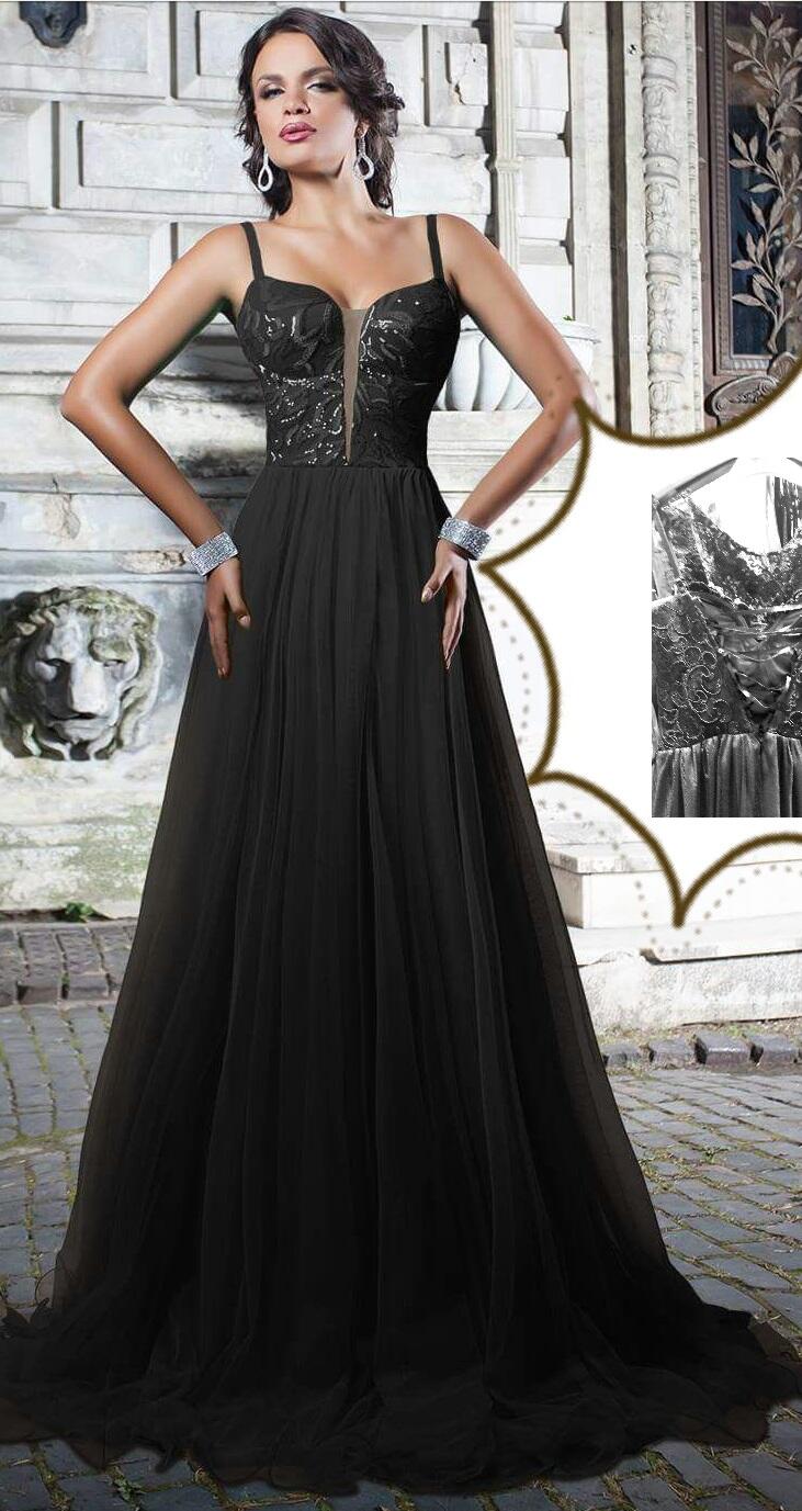 0252 ABITO LUNGO A IMPERO IN TULLE E CORPETTO IN MICRO-PAILLETTES FODERATO IN RASO NERO