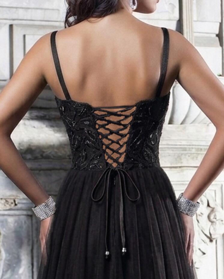 0252 ABITO LUNGO A IMPERO IN TULLE E CORPETTO IN MICRO-PAILLETTES FODERATO IN RASO NERO