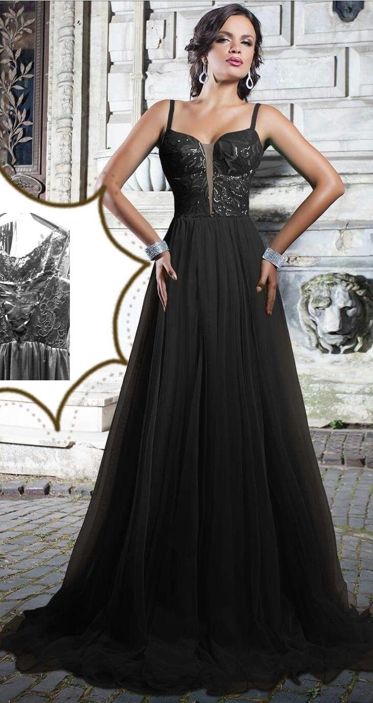 0252 ABITO LUNGO A IMPERO IN TULLE E CORPETTO IN MICRO-PAILLETTES FODERATO IN RASO NERO