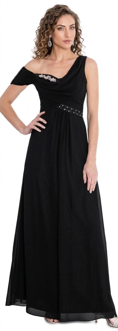 0292 ABITO IN CHIFFON MONOSPALLA A IMPERO CON DETTAGLI DI PERLINE