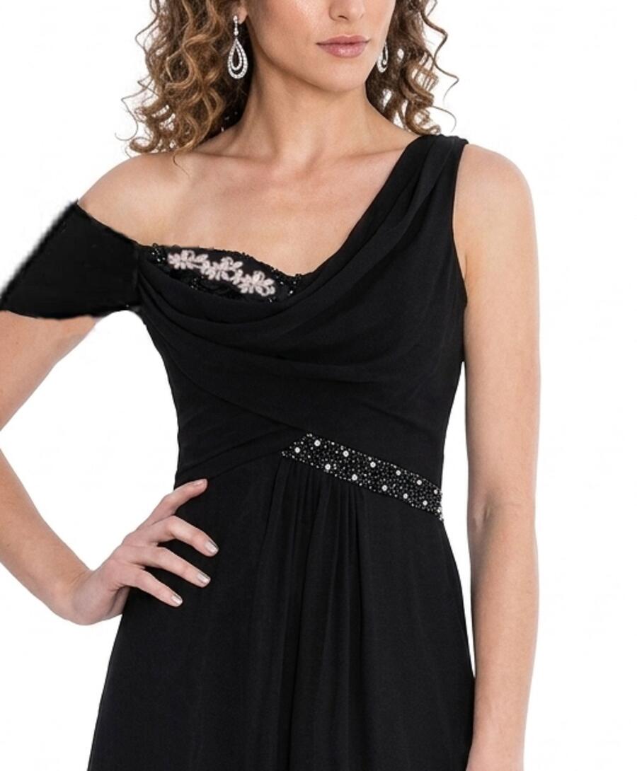 0292 ABITO IN CHIFFON MONOSPALLA A IMPERO CON DETTAGLI DI PERLINE