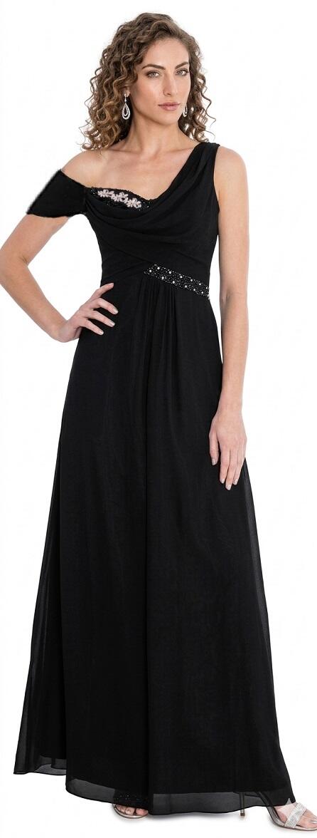 0292 ABITO IN CHIFFON MONOSPALLA A IMPERO CON DETTAGLI DI PERLINE