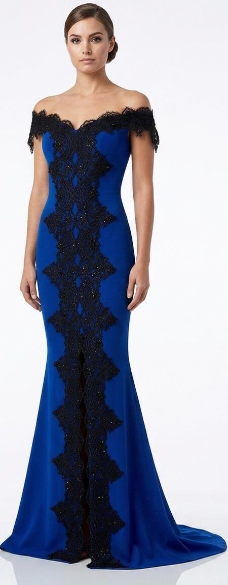 0704 ABITO LUNGO A SIRENA CON SPACCO CENTRALE IN CREPE ELASTICA E MACRAME NERO