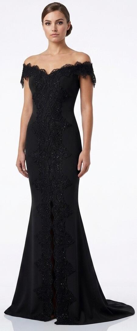 0705 ABITO LUNGO A SIRENA CON SPACCO CENTRALE IN CREPE ELASTICA E MACRAME NERO