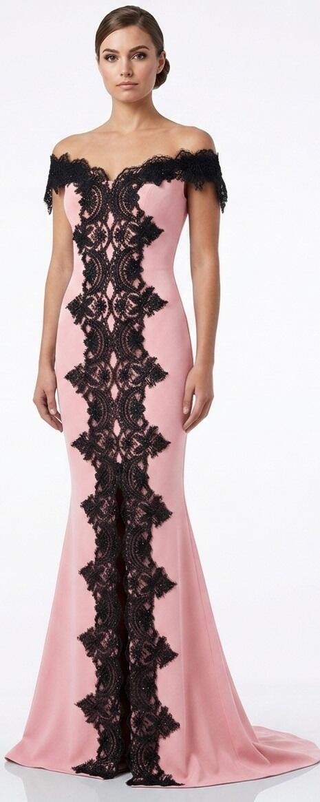 0703 LONG SIREN DRESS WITH CENTRAL SLIT IN ELASTIC CREPE AND BLACK MACRAME