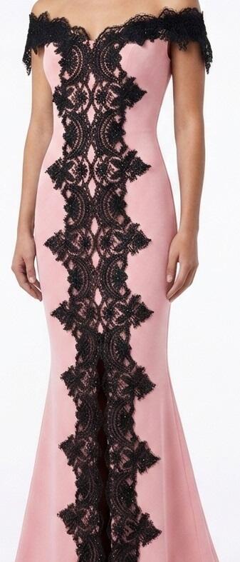 0703 LONG SIREN DRESS WITH CENTRAL SLIT IN ELASTIC CREPE AND BLACK MACRAME