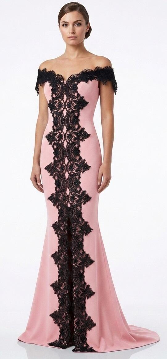 0703 LONG SIREN DRESS WITH CENTRAL SLIT IN ELASTIC CREPE AND BLACK MACRAME