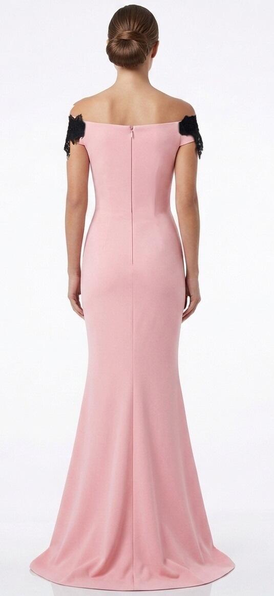 0703 LONG SIREN DRESS WITH CENTRAL SLIT IN ELASTIC CREPE AND BLACK MACRAME