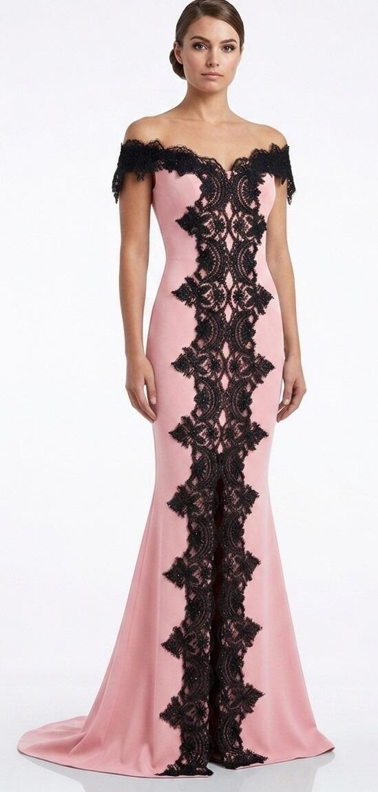 0703 LONG SIREN DRESS WITH CENTRAL SLIT IN ELASTIC CREPE AND BLACK MACRAME