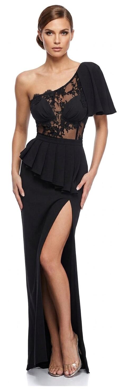 0360 ABITO DA SERA NERO CON MOTIVI ASIMMETRICI CORPETTO NUDE LOOK