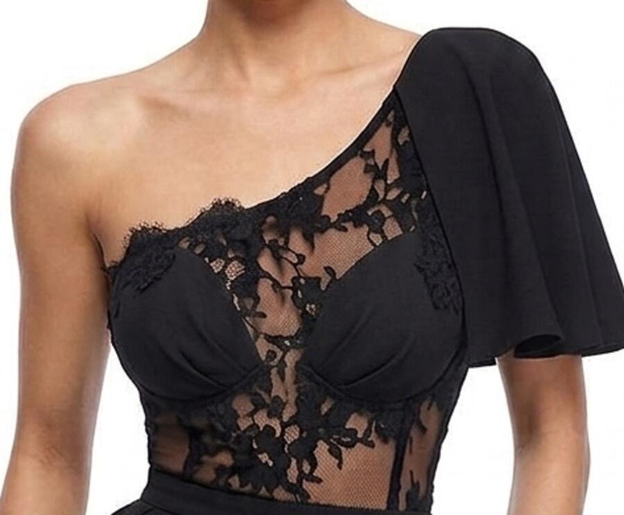 0360 ABITO DA SERA NERO CON MOTIVI ASIMMETRICI CORPETTO NUDE LOOK