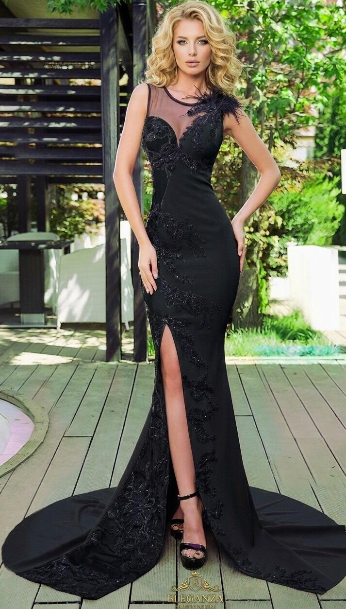 0707 LONG SIREN DRESS IN ELASTIC CREPE FABRIC WITH TULLE AND MACRAME 'SIDE