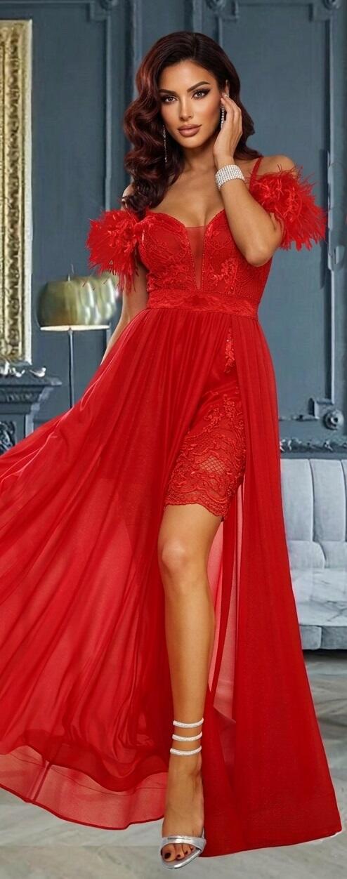 0889 Short and long 2 in 1 sheath dress with separate chiffon skirt