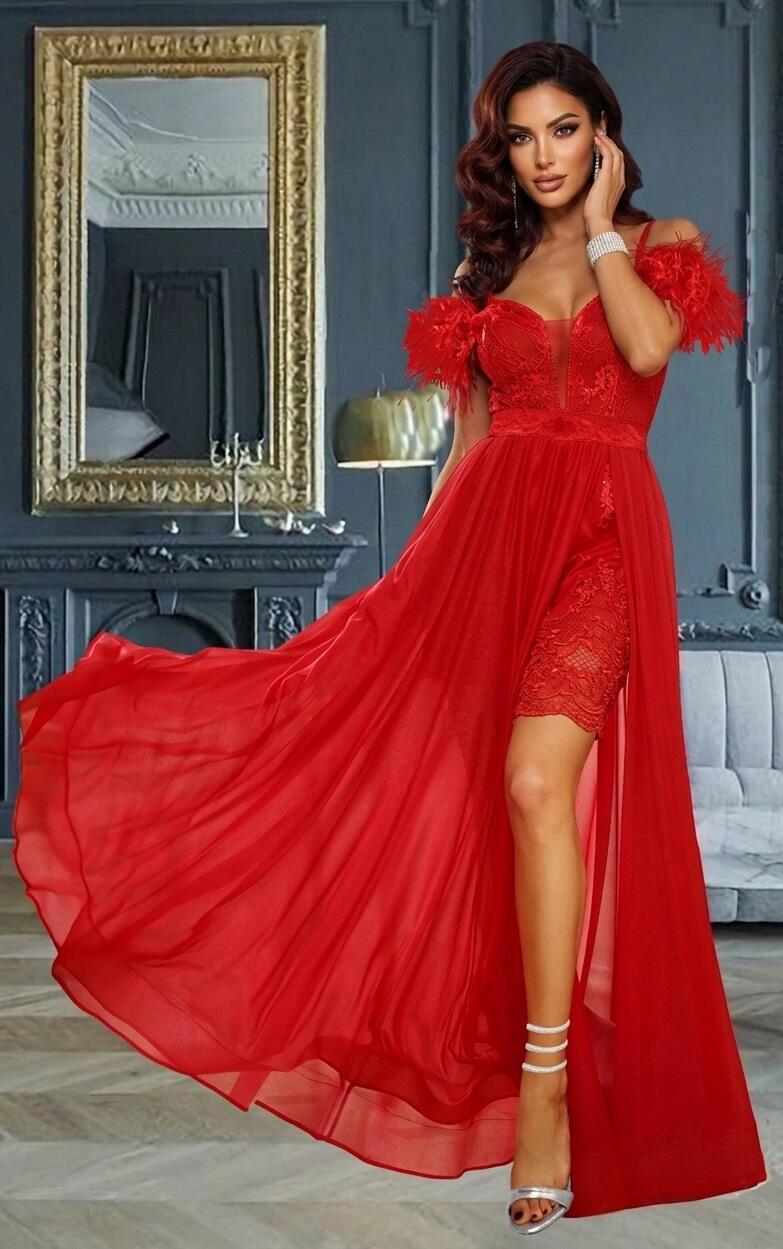 0889 Short and long 2 in 1 sheath dress with separate chiffon skirt