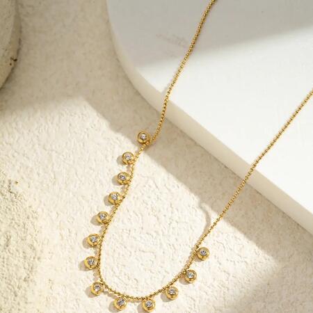 Collana Dorata Acciaio Inossidabile ciondoli Cristalli Rotondi Splendore