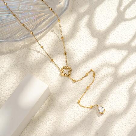 Collana Trifoglio Portafortuna Perle Finissime Goccia Cristallo Chic GOLD 