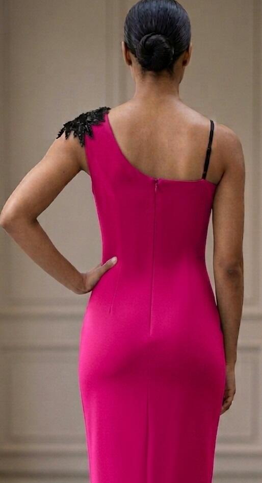 0804C DRESS TUBE IN ELASTIC CREPE FABRIC WITH TRANSPARENCIES IN TULLE AND MACRAME '