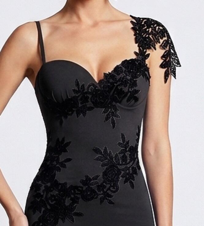 0793 TUBE IN CREPE WITH BLACK MACRAME 'WITH ASYMMETRIC DESIGN