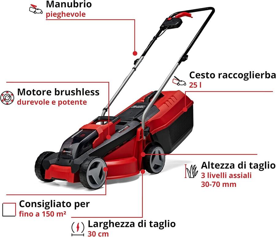 Einhell Tagliaerba a batteria GE-CM 18/30 Li Power X-Change (li-ion, fino a 150 m², motore senza spazzole, batteria da 18 V 3 Ah e caricabatteria incluso) - 34.131.55