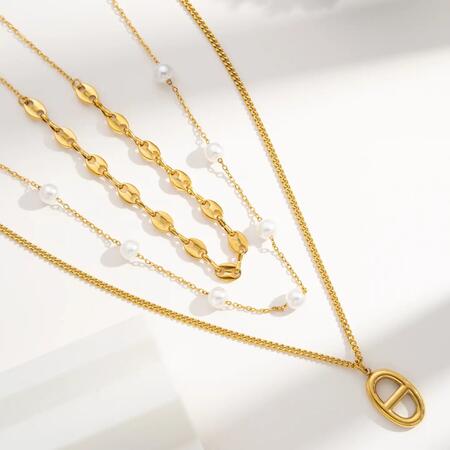 Collana tripla fila dorata in acciaio inossidabile con perline e maglie