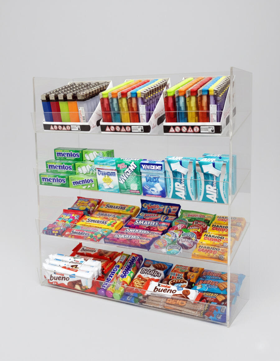 Espositore contenitore da banco a 4 piani per caramelle, dolciumi, snack, accendini, gomme, pacchetti