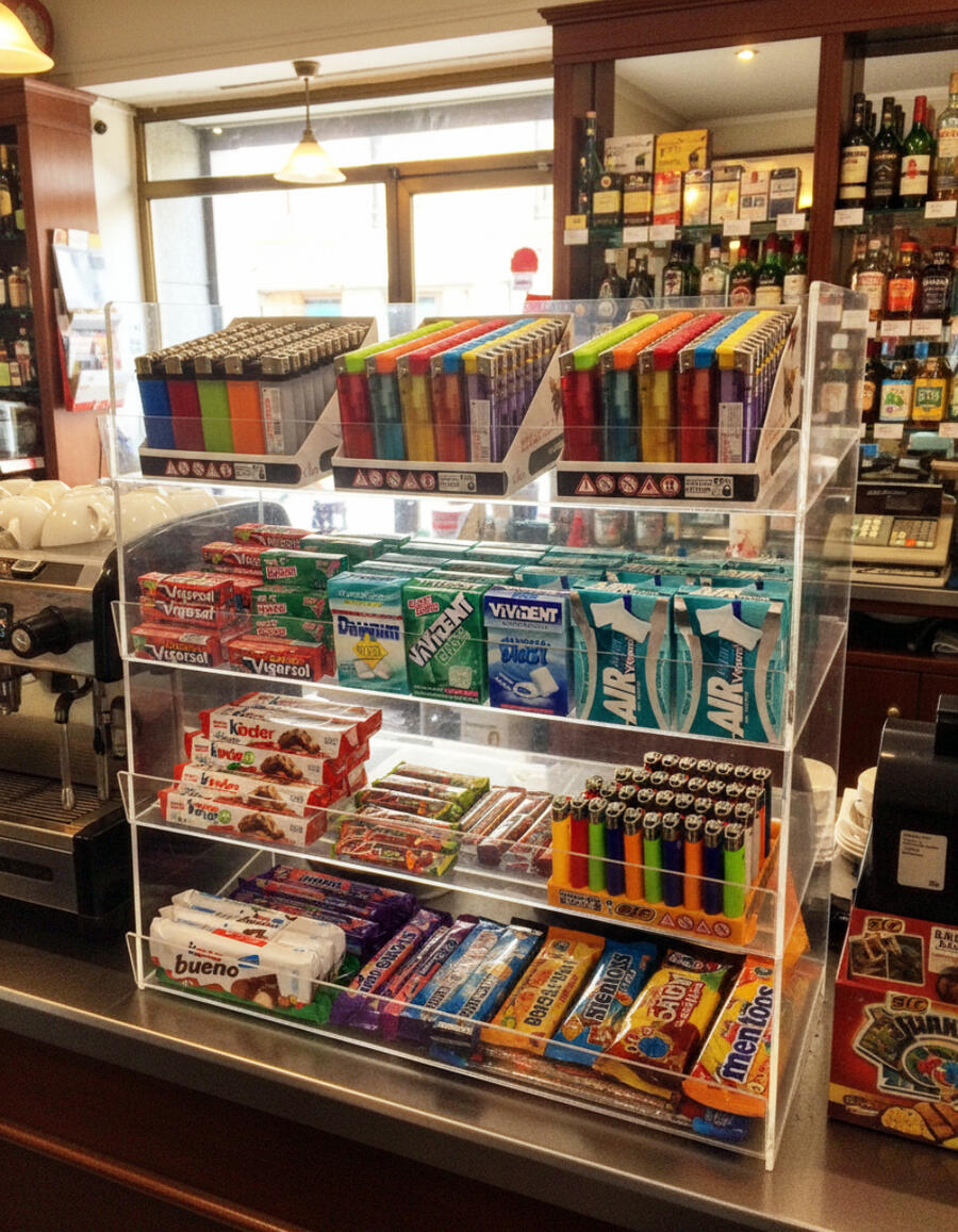 Espositore contenitore da banco a 4 piani per caramelle, dolciumi, snack, accendini, gomme, pacchetti
