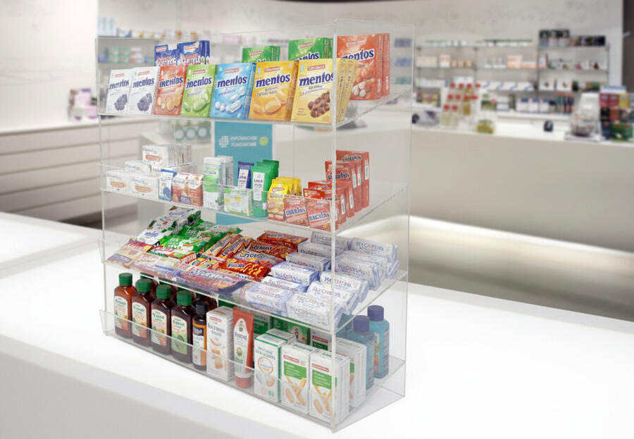 Espositore contenitore da banco a 4 piani per caramelle, dolciumi, snack, accendini, gomme, pacchetti