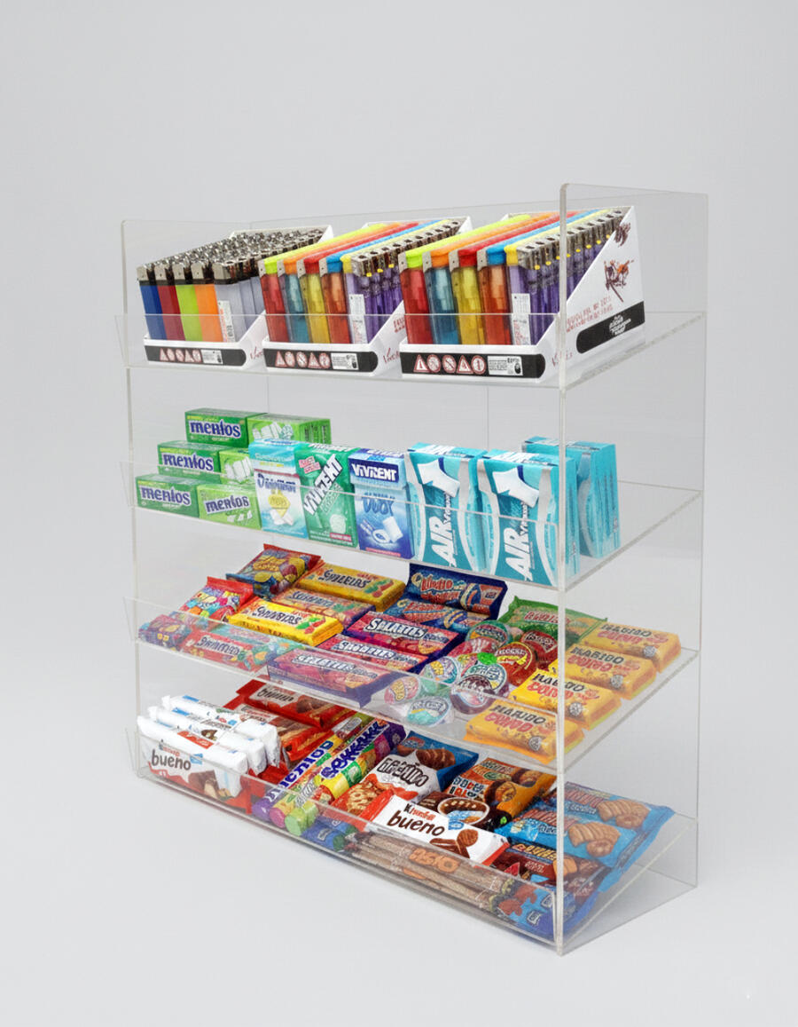 Espositore contenitore da banco a 4 piani per caramelle, dolciumi, snack, accendini, gomme, pacchetti