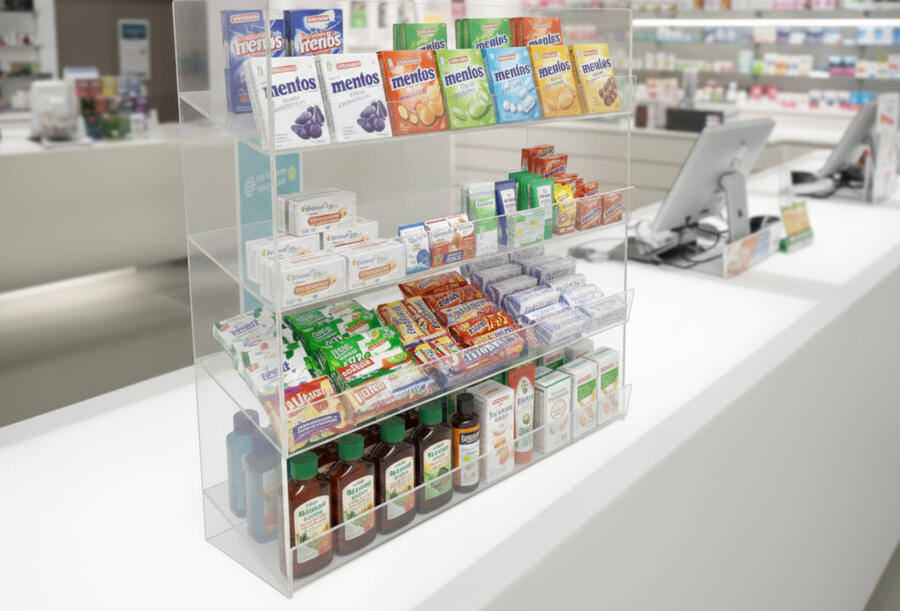 Espositore contenitore da banco a 4 piani per caramelle, dolciumi, snack, accendini, gomme, pacchetti